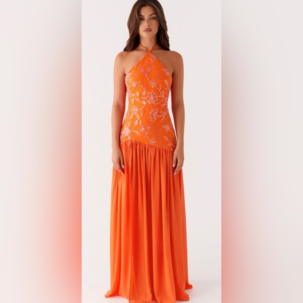 PEPPERMAYO-Strapless Orange Floral-Embellished Maxi Dress